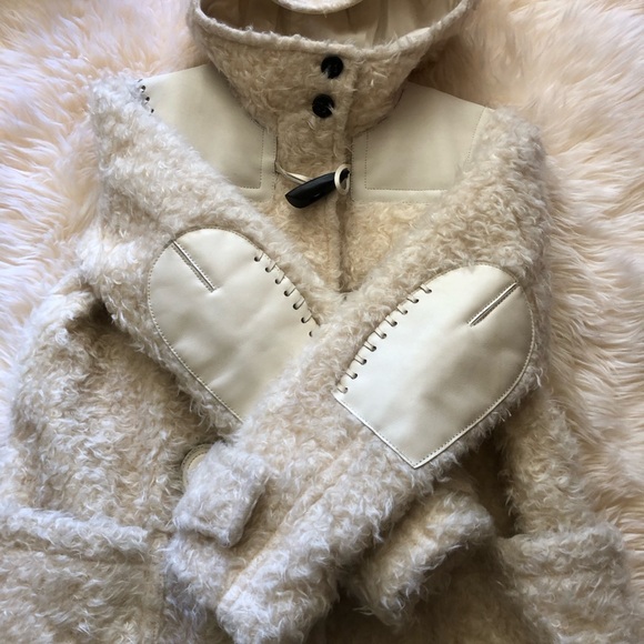 Coach ivory Mohair Faux Fur leather patch duffle coat Zippered M - Picture 4 of 16